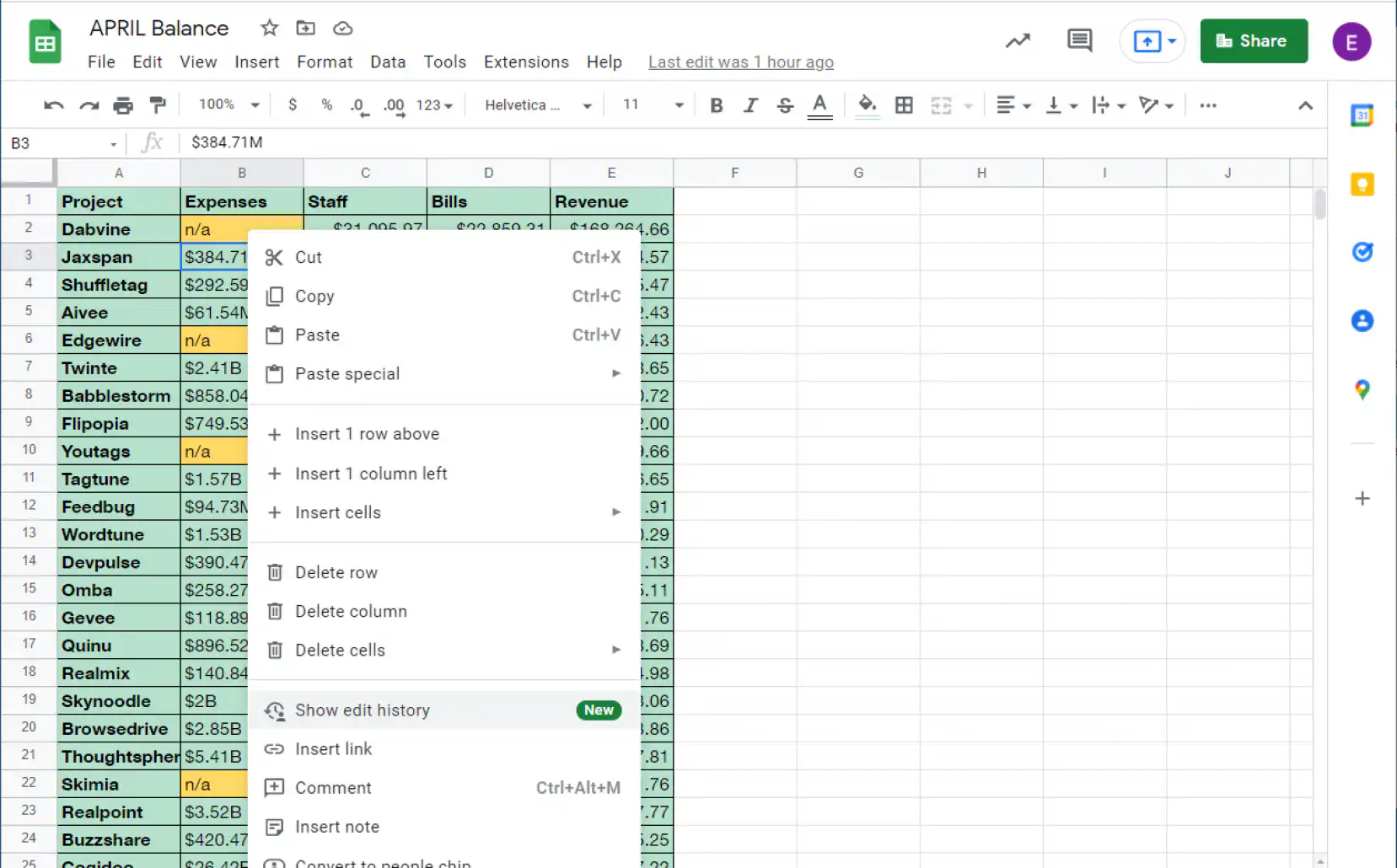 Show edit history in Google Sheets — right-click menu on cell B3 with the Show edit history option