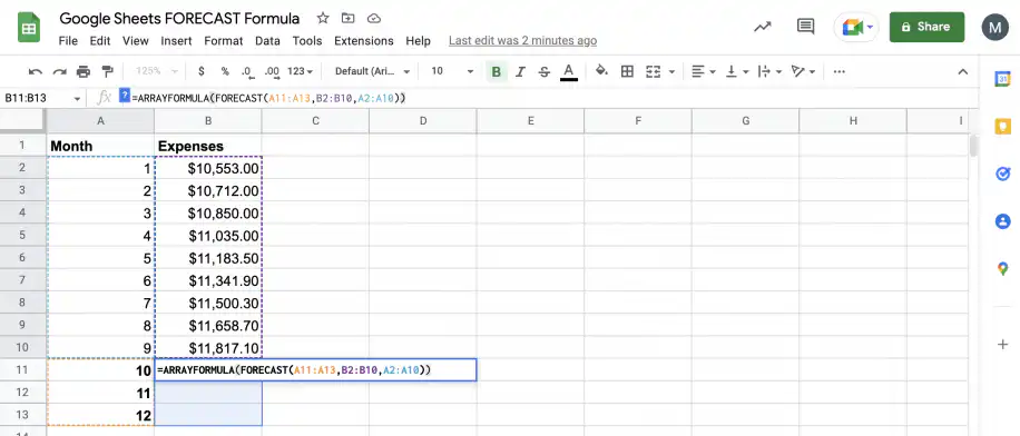 Prévision dans une feuille de calcul Google — =ARRAYFORMULA(FORECAST(A11:A13,B2:B10,A2:A10)) avec les deux parenthèses fermées