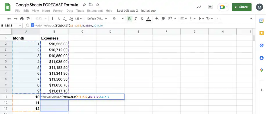 Prévision dans une feuille de calcul Google — FORECAST(A11:A13,B2:B10,A2:A10 avec les mois 1 à 9 sélectionnés