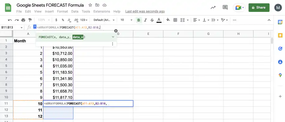 Prévision dans une feuille de calcul Google — FORECAST(A11:A13,B2:B10, avec les dépenses de B2:B10 sélectionnées