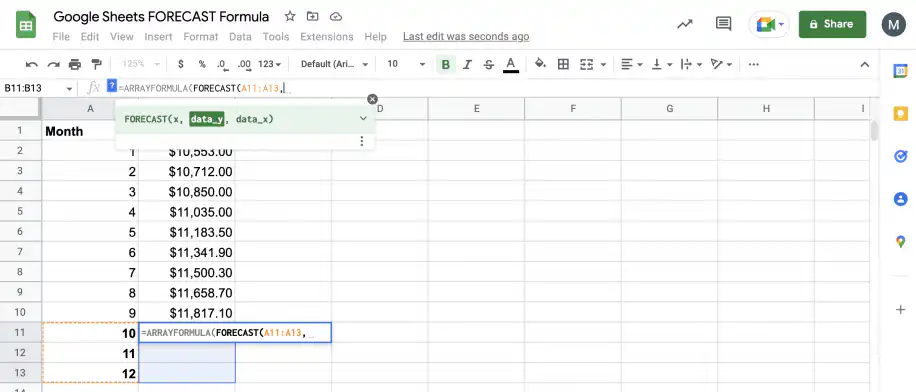 Prévision dans une feuille de calcul Google — FORECAST(A11:A13, avec les mois 10 à 12 comme plage x