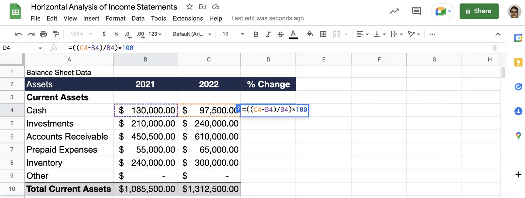Formule de l'analyse horizontale : =((C4-B4)/B4)*100 saisi dans la cellule % Change de la trésorerie