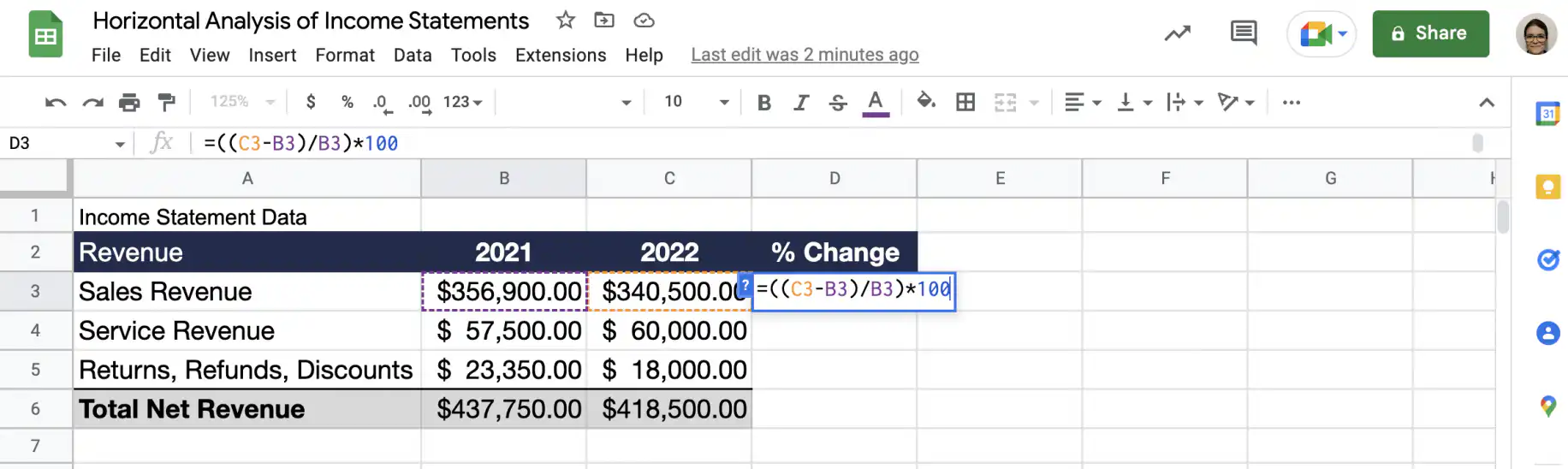 Formule de l'analyse horizontale : =((C3-B3)/B3)*100 saisi dans la cellule % Change du chiffre d'affaires des ventes