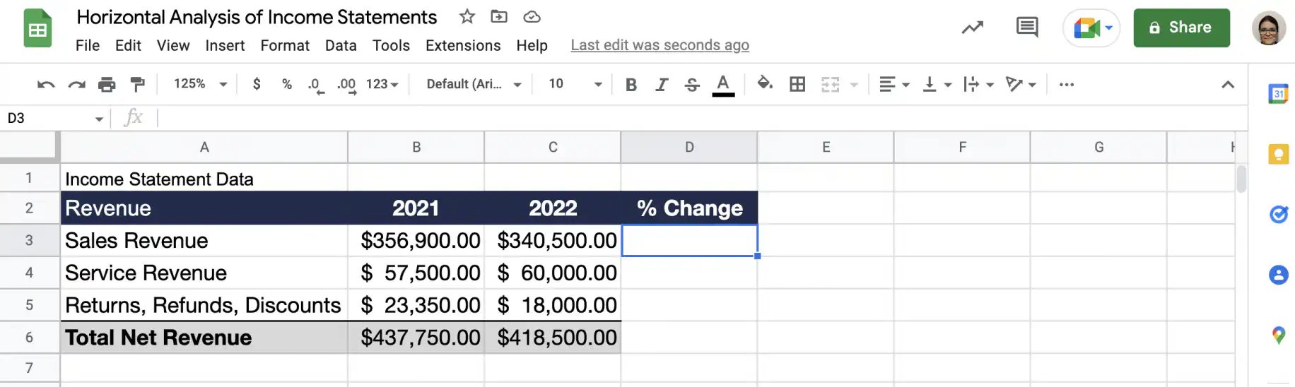 Analyse horizontale : colonne % Change vide ajoutée à côté de la colonne de chiffre d'affaires 2022