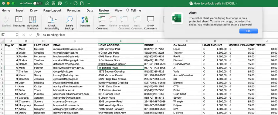 Comment déverrouiller des cellules dans Excel : alerte indiquant que la cellule se trouve sur une feuille protégée