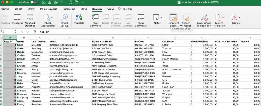 Comment déverrouiller des cellules dans Excel : onglet Révision avec le bouton Ôter la protection de la feuille mis en évidence
