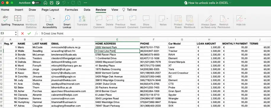 Comment déverrouiller des cellules dans Excel : cellule E3 ouverte en modification sans aucune alerte