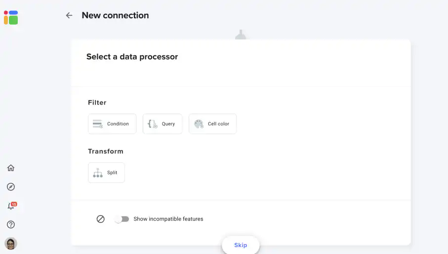 Vincular o Google Sheets com o Sheetgo — tela de seleção do processador de dados com as opções de filtrar e dividir