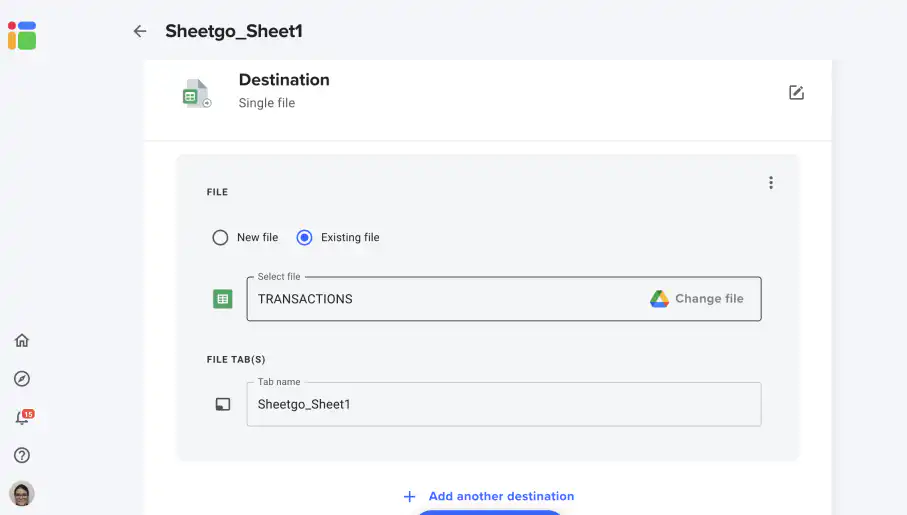 Vincular o Google Sheets com o Sheetgo — destino definido como o arquivo existente TRANSACTIONS e a aba Sheetgo_Sheet1