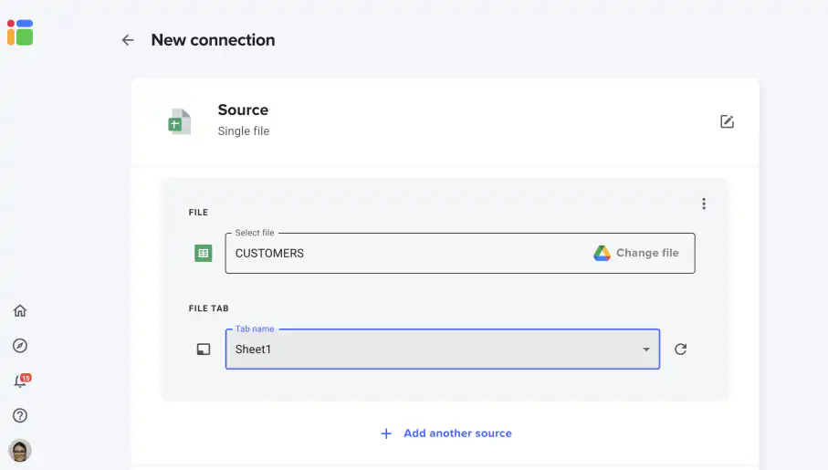 Vincular o Google Sheets com o Sheetgo — tela de nova conexão com o arquivo CUSTOMERS e a aba Sheet1 como origem
