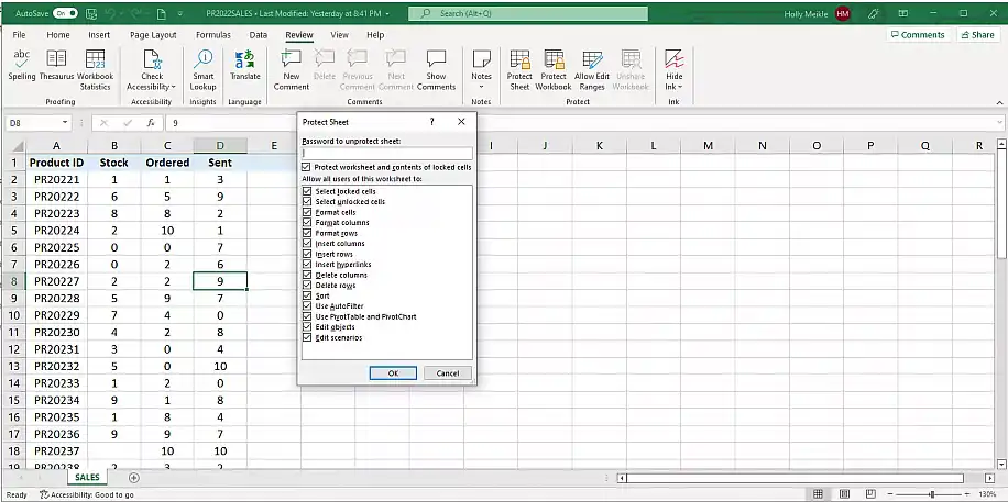 Lock Excel file for editing — Protect Sheet dialog listing the actions other users are allowed to take