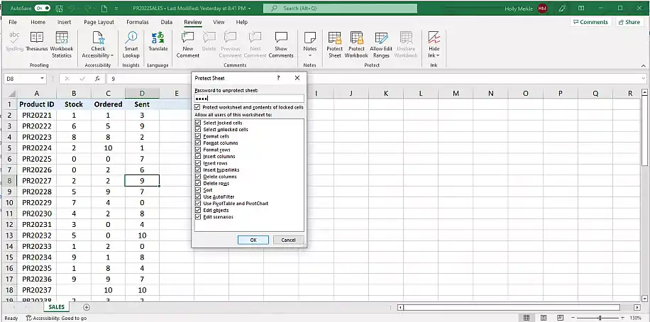 Lock Excel file for editing — password typed into the Protect Sheet dialog, ready to click OK