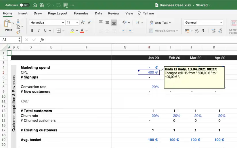 Mesclar pastas de trabalho do Excel: pasta de trabalho compartilhada Business Case com uma nota de alteração na célula H5
