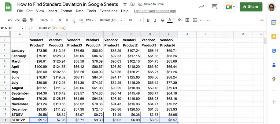 Desvio padrão populacional no Google Sheets: linha da STDEVP abaixo da STDEV, com valores um pouco menores