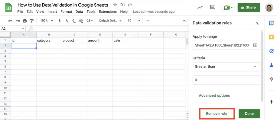 Supprimer la validation des données dans Google Sheets — bouton Supprimer la règle sous la règle ouverte