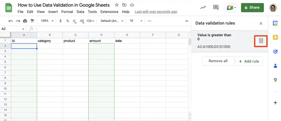 Supprimer la validation des données dans Google Sheets — icône de corbeille sur la règle La valeur est supérieure à 0