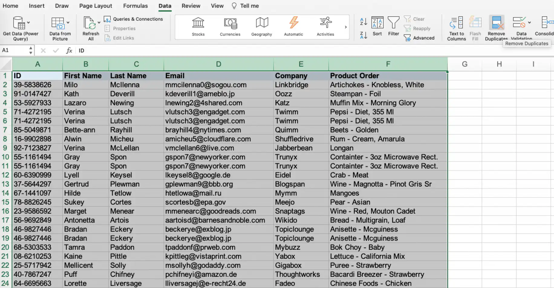 Remover duplicatas no Excel — guia Dados com o botão Remover Duplicatas destacado na faixa de opções