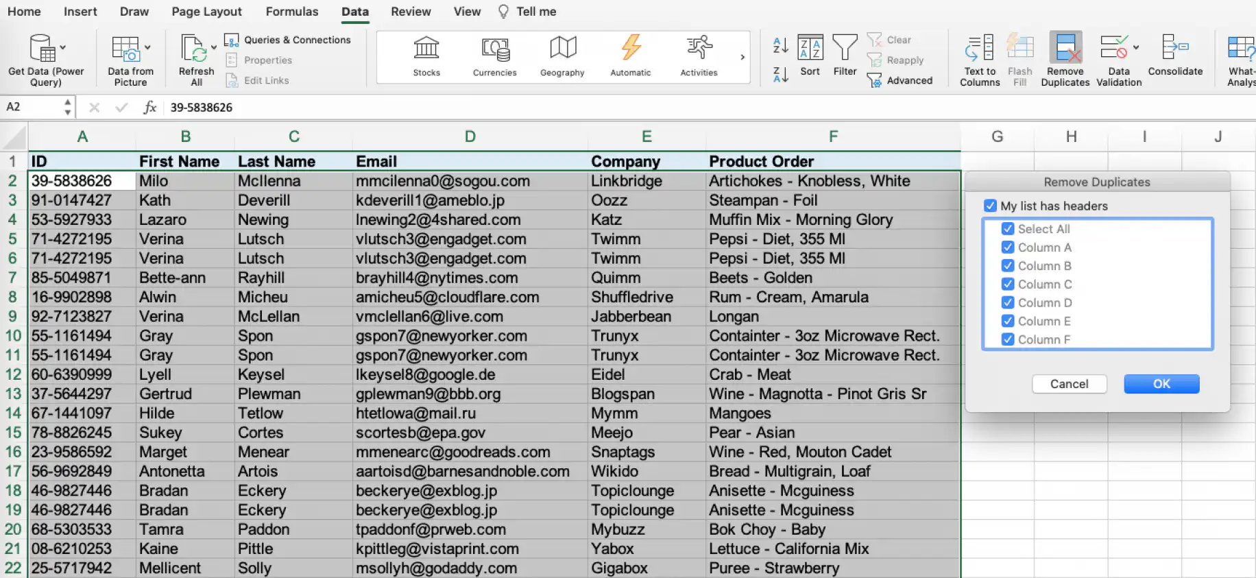 Remover duplicatas no Excel — caixa de diálogo Remover Duplicatas com Meus dados contêm cabeçalhos e as colunas A a F marcadas