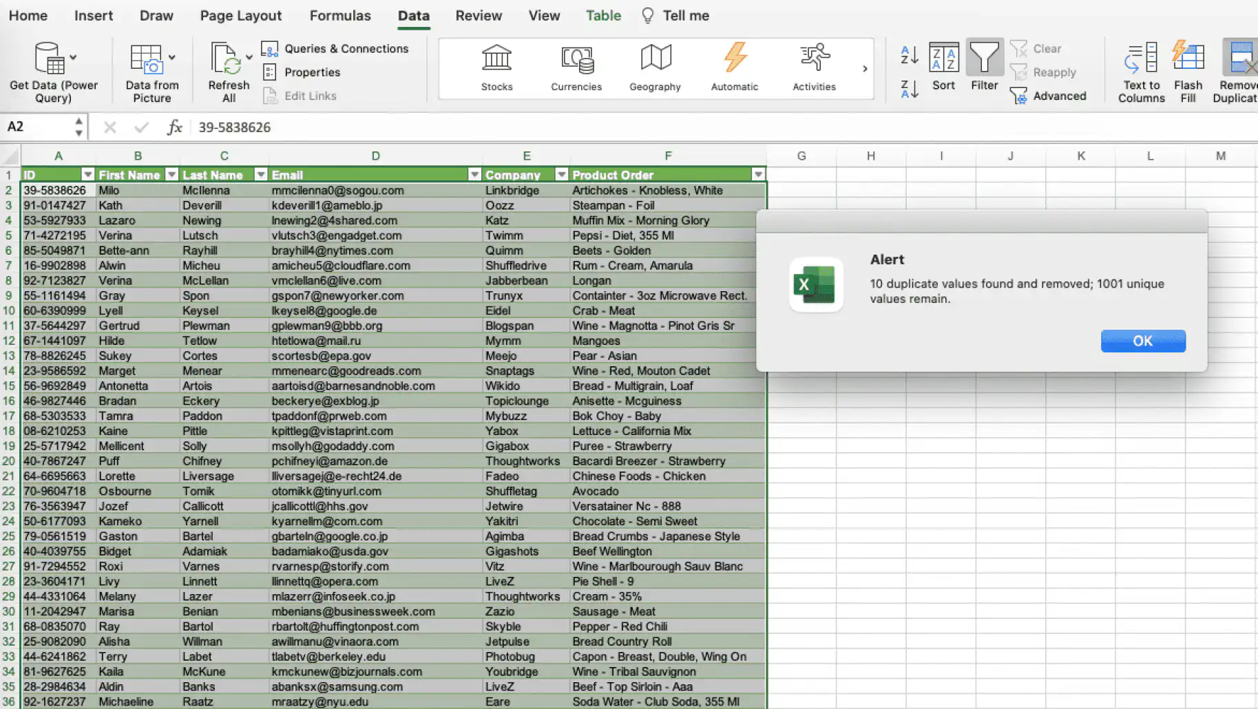 Remover duplicatas no Excel com o Power Query — alerta informando que 10 valores duplicados foram removidos e restam 1001 valores exclusivos