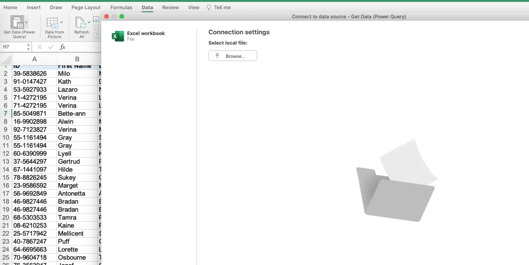 Remover duplicatas no Excel com o Power Query — configurações de conexão com um botão Procurar em Selecionar arquivo local