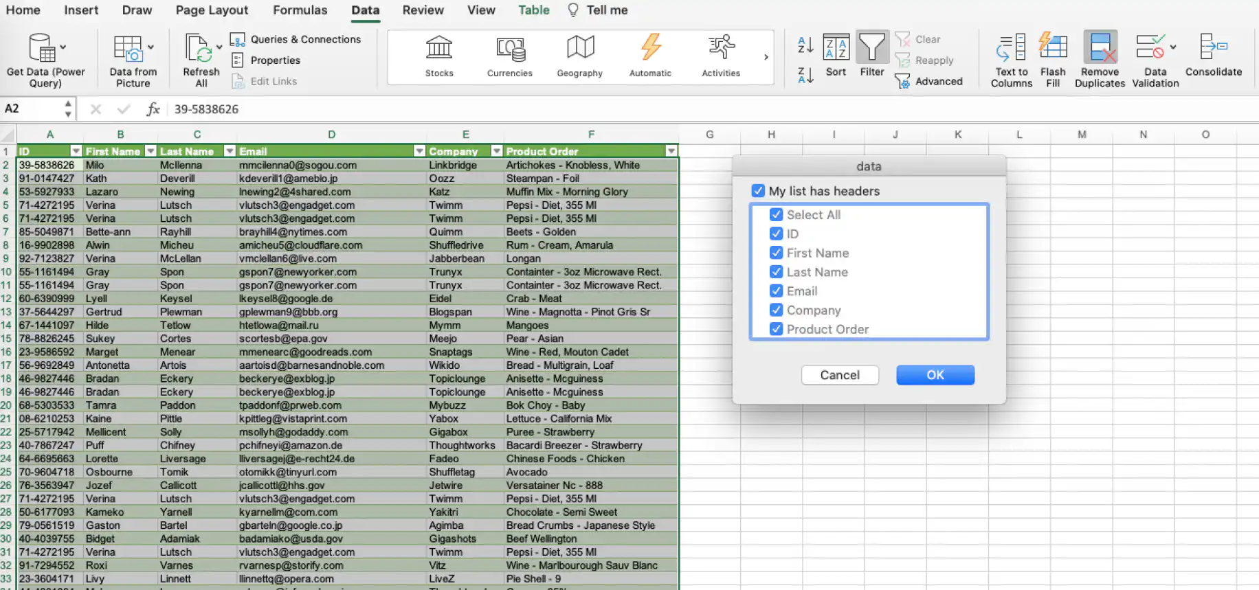 Remover duplicatas no Excel com o Power Query — caixa de diálogo Remover Duplicatas listando ID, nome, e-mail, empresa e pedido
