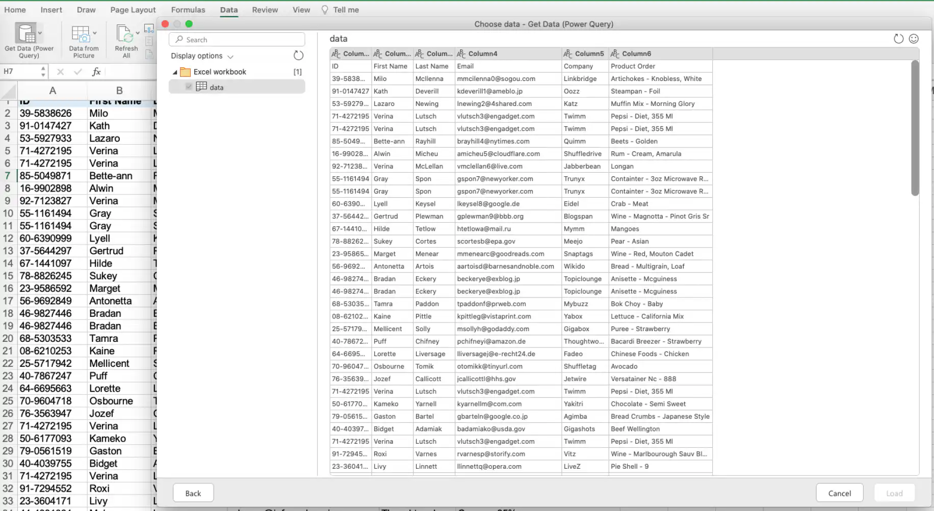 Remover duplicatas no Excel com o Power Query — navegador mostrando uma prévia da aba de dados antes do carregamento