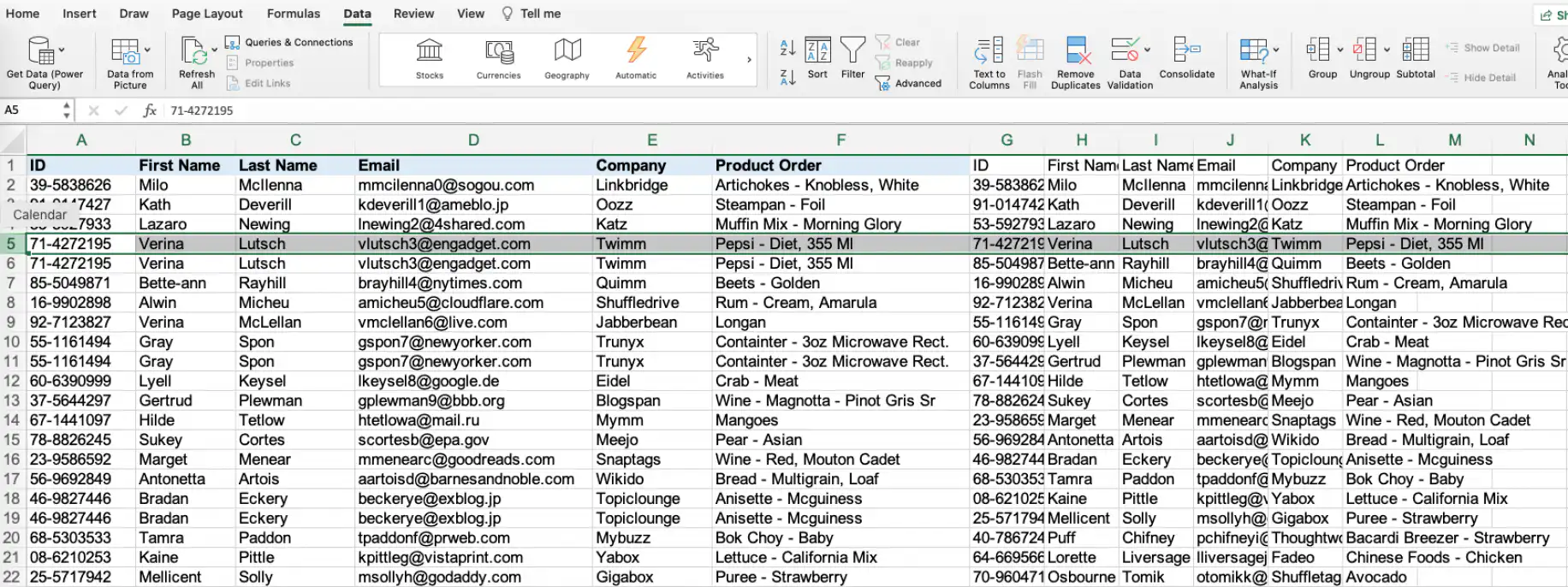 Remover duplicatas no Excel com UNIQUE — resultado de FALSE ao lado da tabela original com a linha 5 destacada