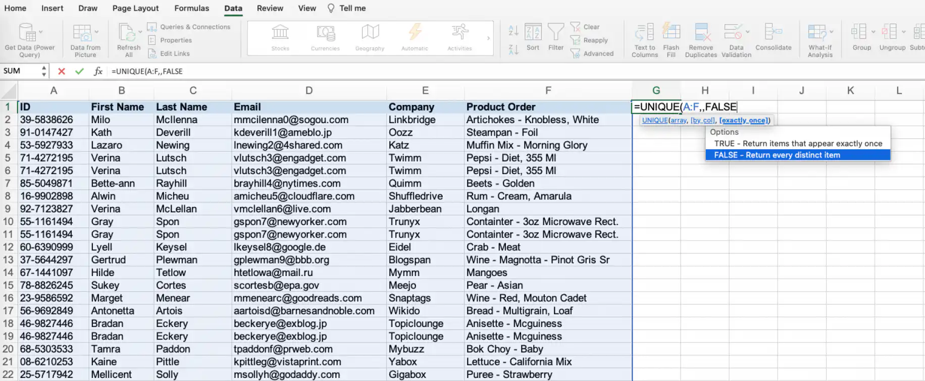 Remover duplicatas no Excel com UNIQUE — =UNIQUE(A:F,,FALSE na célula G1 com Retornar cada item distinto destacado