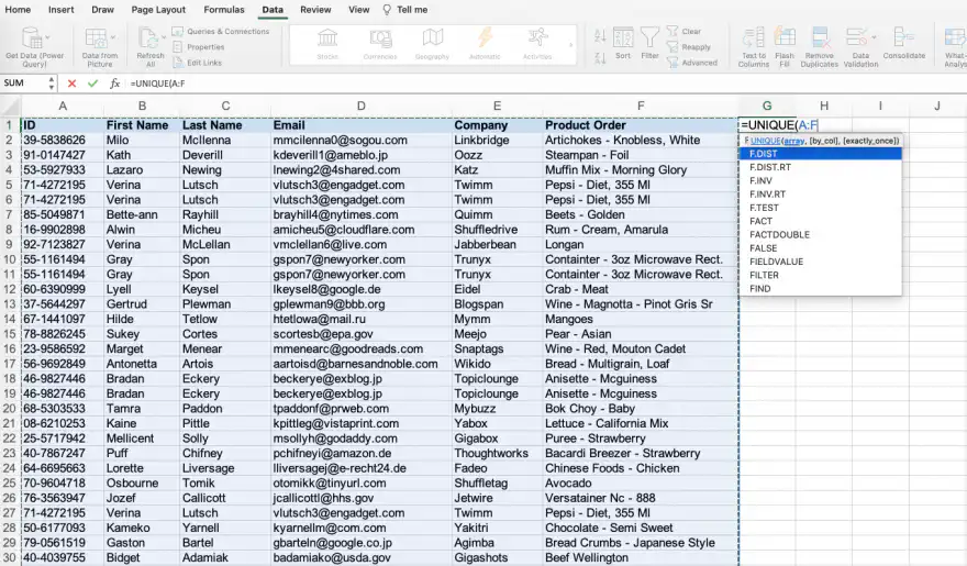 Remover duplicatas no Excel com UNIQUE — =UNIQUE(A:F digitado na célula G1 com a lista de sugestões de funções aberta