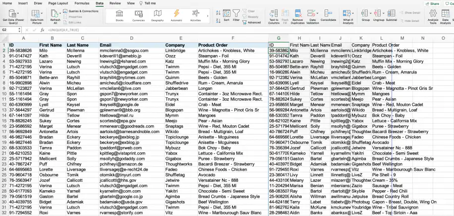 Remover duplicatas no Excel com UNIQUE — resultado de TRUE espalhado a partir da célula G1 ao lado da tabela original