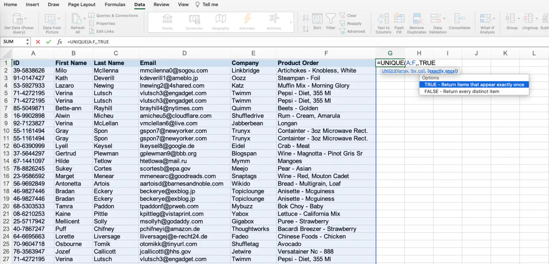 Remover duplicatas no Excel com UNIQUE — =UNIQUE(A:F,,TRUE na célula G1 com as opções TRUE e FALSE listadas