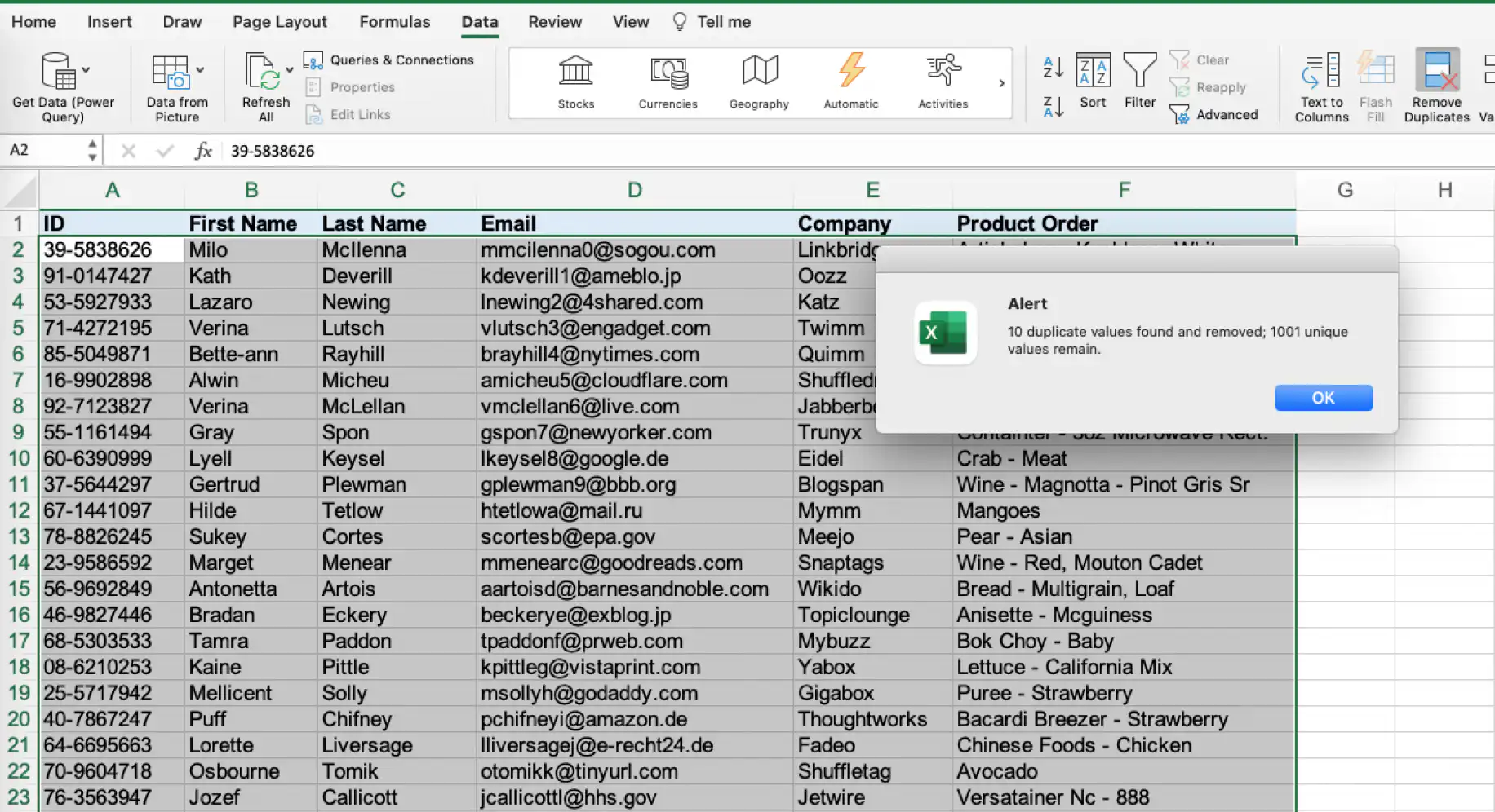 Remover duplicatas no Excel — alerta informando que 10 valores duplicados foram encontrados e removidos e restam 1001 valores exclusivos