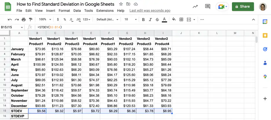 Desvio padrão amostral no Google Sheets: resultados da STDEV para os oito produtos dos fornecedores na linha 15