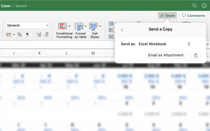 Compartilhar uma cópia de uma pasta de trabalho do Excel: painel Enviar uma Cópia com Pasta de Trabalho do Excel e Enviar como Anexo