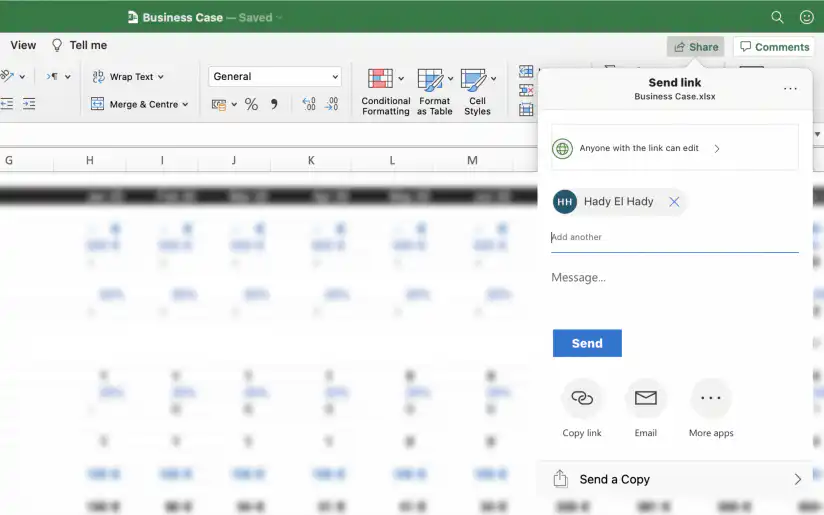 Compartilhar uma pasta de trabalho do Excel: painel Enviar link com Qualquer pessoa com o link pode editar, Enviar e Copiar link