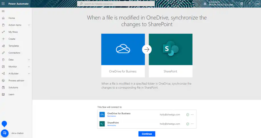 SharePoint and Excel in Power Automate — OneDrive for Business to SharePoint template with Continue