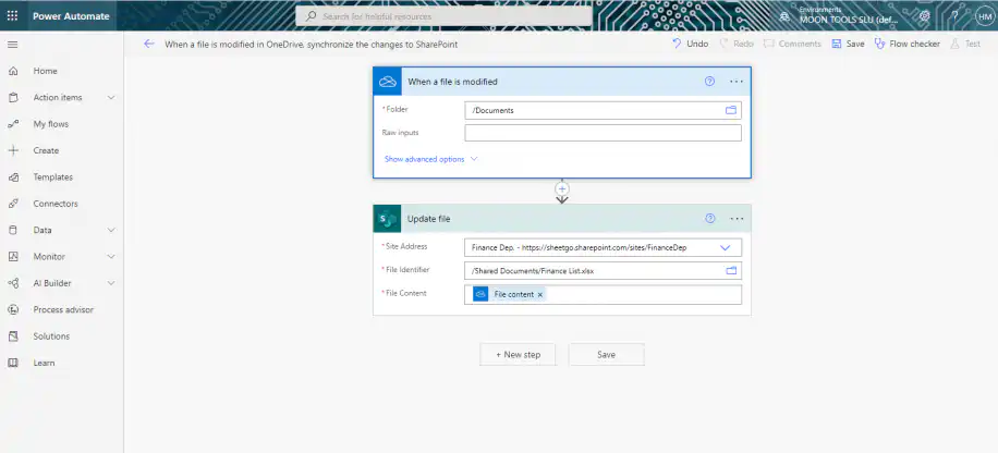 SharePoint and Excel in Power Automate — When a file is modified trigger and Update file action