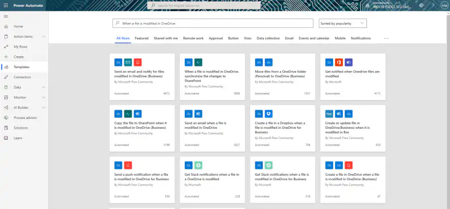 SharePoint and Excel in Power Automate — template search for When a file is modified in OneDrive