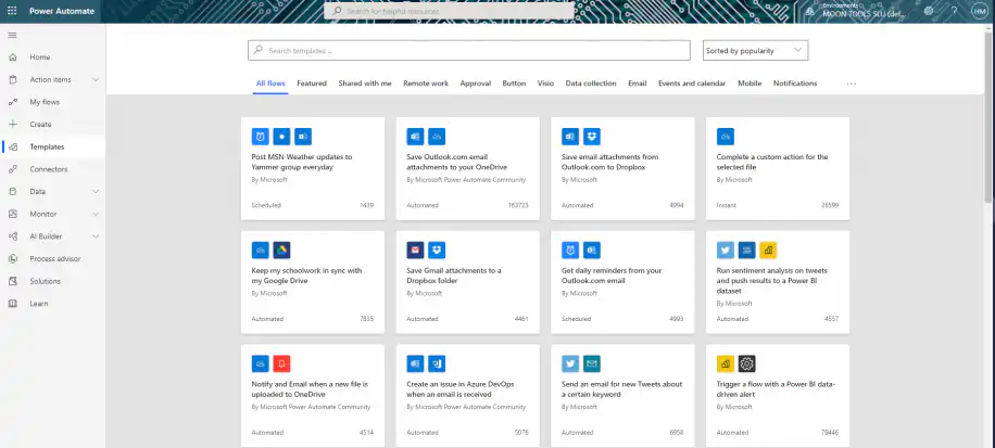 SharePoint and Excel in Power Automate — Templates page with flow templates