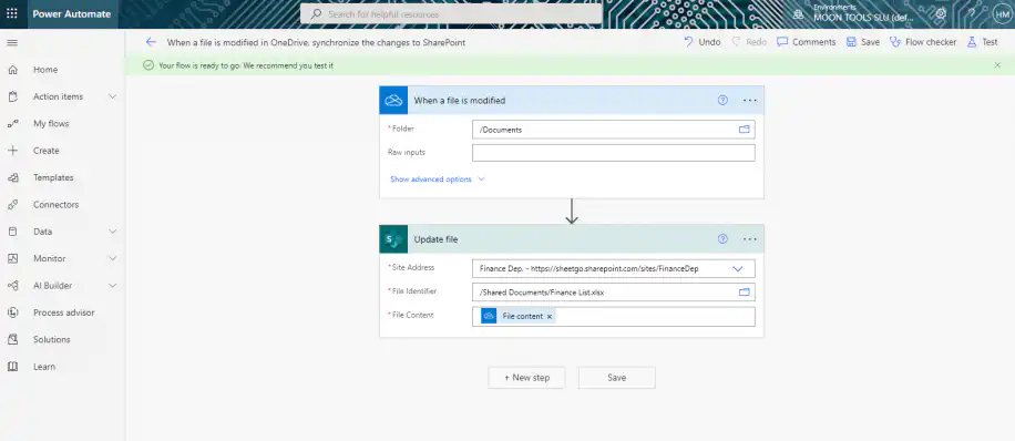 SharePoint and Excel in Power Automate — saved flow with the ready-to-test banner and Test button