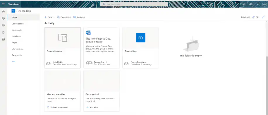 SharePoint site — Finance Dep. home page with the new list under Activity