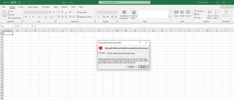 SharePoint to Excel — Microsoft Excel Security Notice with Enable and Disable buttons
