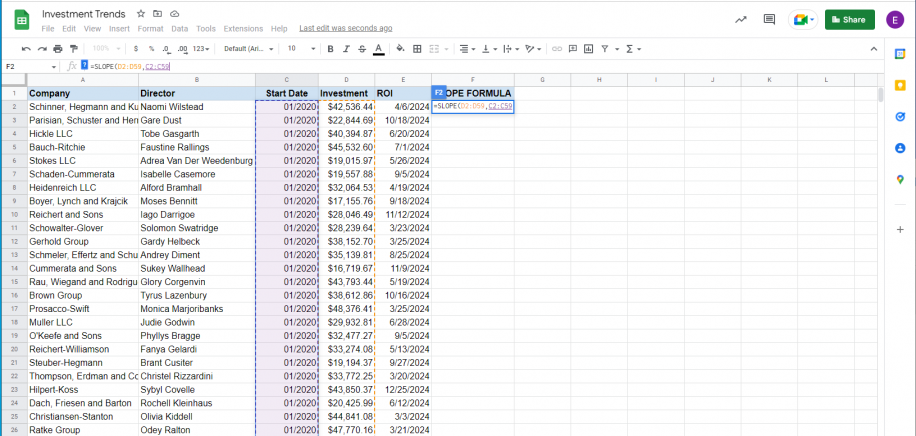 Fonction SLOPE dans Google Sheets — =SLOPE(D2:D59, C2:C59) dans la cellule F2 avec la plage Start Date sélectionnée