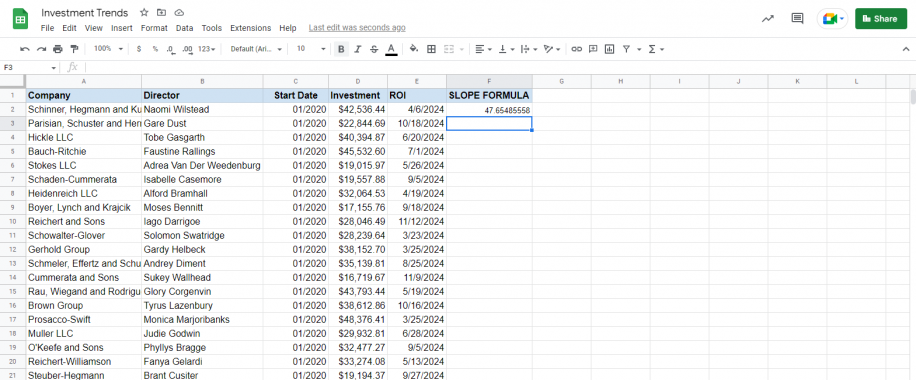Fonction SLOPE dans Google Sheets — résultat 47.65485558 dans la cellule F2 sous SLOPE FORMULA