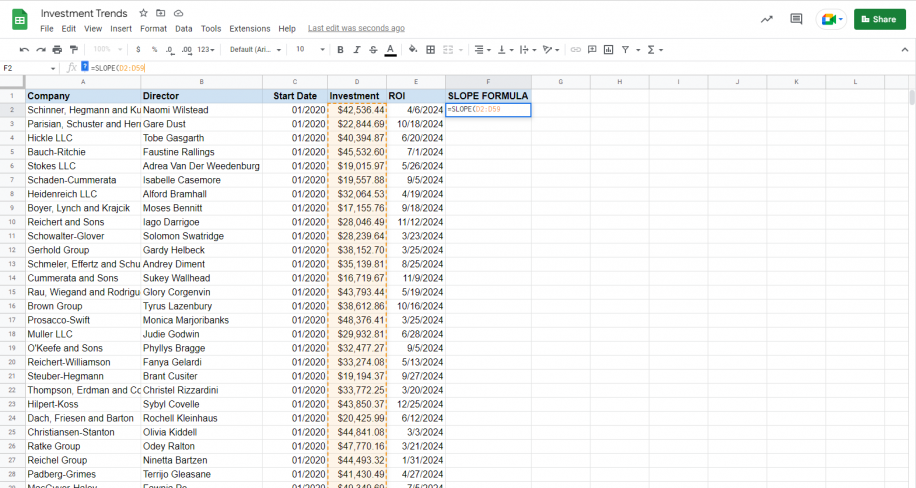 Fonction SLOPE dans Google Sheets — =SLOPE saisi dans la cellule F2 sous l'en-tête SLOPE FORMULA