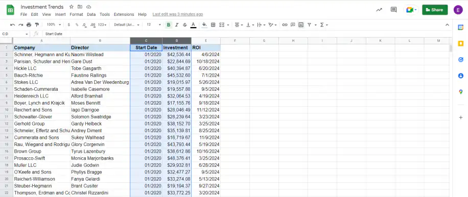 Pente d'un graphique dans Google Sheets — feuille Investment Trends avec les données sélectionnées et l'icône de graphique dans la barre d'outils