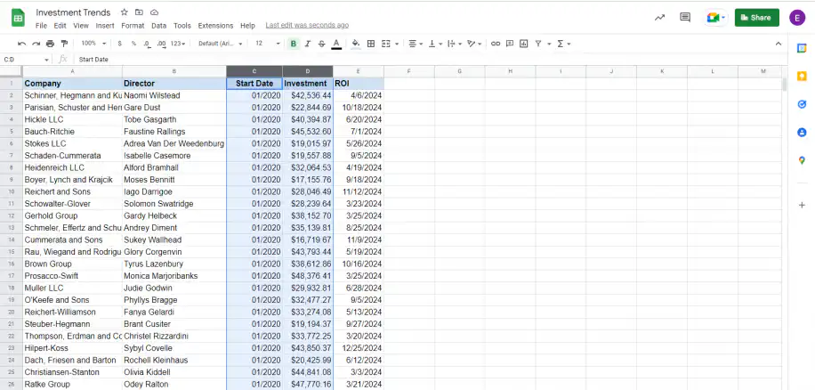 Pente d'un graphique dans Google Sheets — colonnes Start Date et Investment sélectionnées dans la feuille Investment Trends