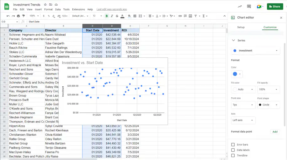 Pente d'un graphique dans Google Sheets — réglages de Série avec la case Courbe de tendance en bas