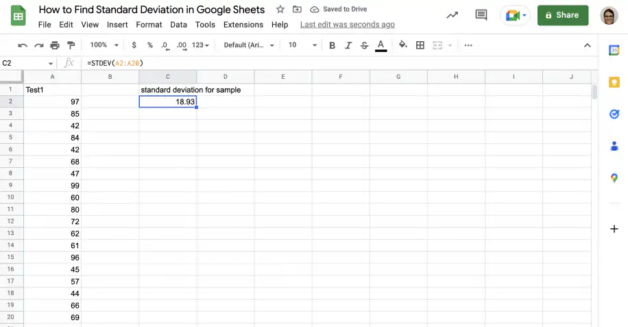 Desvio padrão no Google Sheets: desvio padrão amostral de 18.93 na célula C2