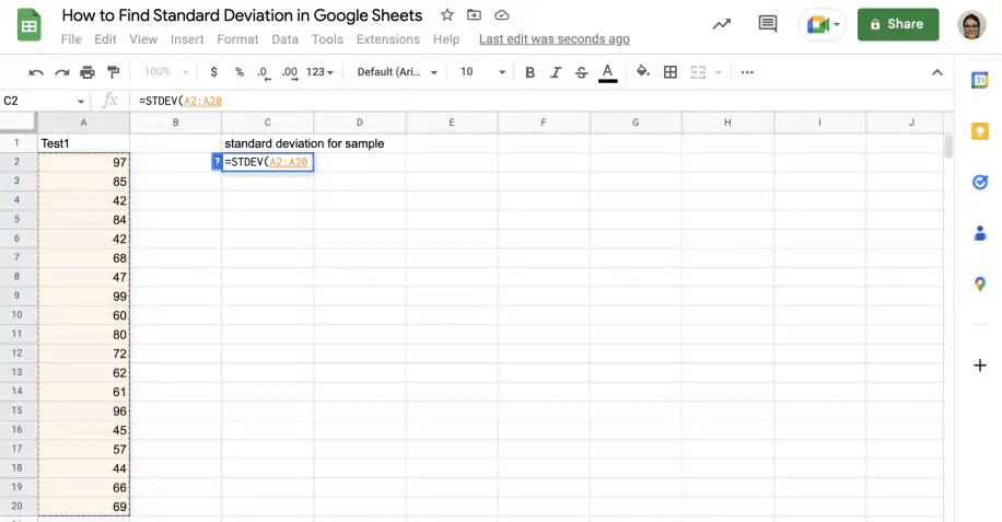 Desvio padrão no Google Sheets: STDEV com o intervalo de notas de Test1 da coluna A selecionado